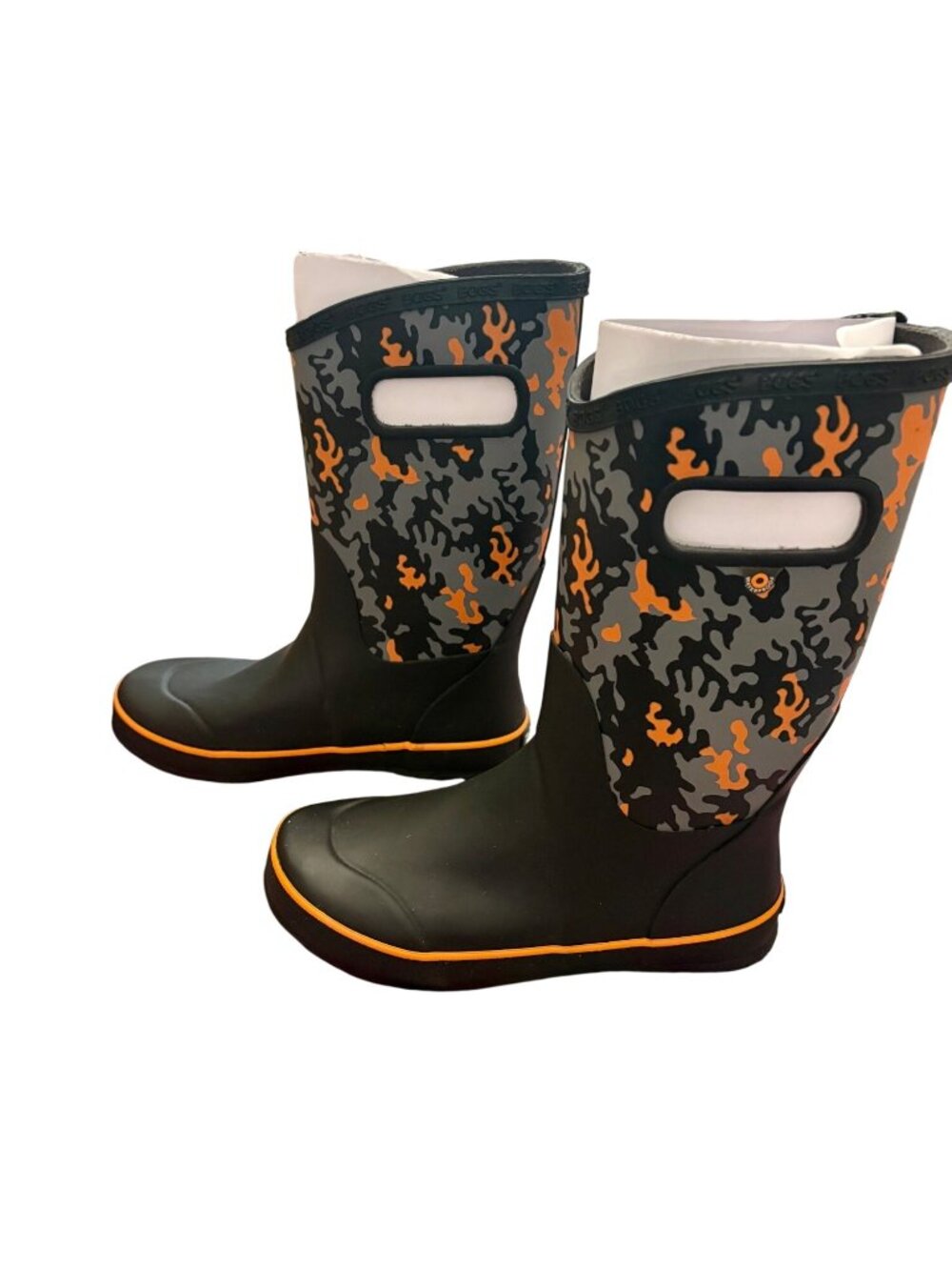 Kids Bogs Neo Camo Waterproof Insulated Rain Boots Youth Size 4 Black & Orange